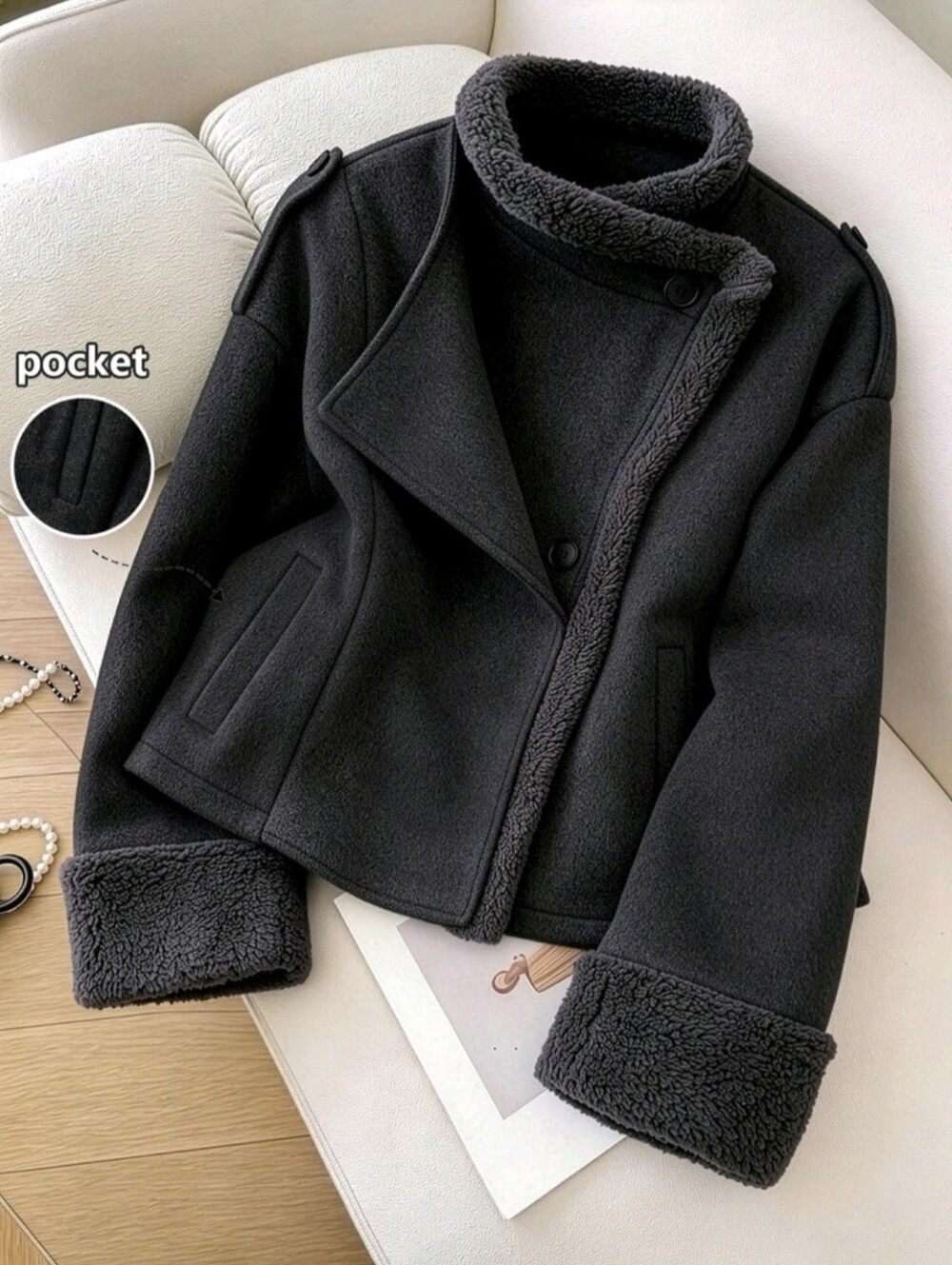 Faux Fur Patchwork Wool Blend Jacket, Thick Fashionable Commuter Casual Versatil